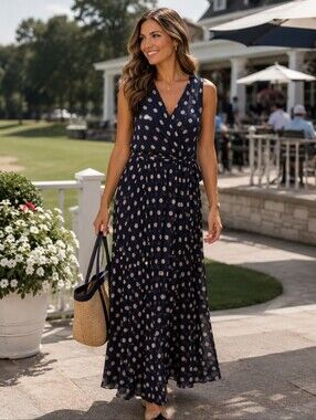 EN FOCUS STUDIO NAVY DRESS CREAM POLKA DOT VNECK FAUX WRAP SLEEVELESS MED